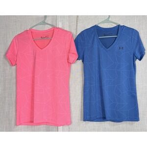 Under Armour Women's Small S Lot of  2 Velocity V Neck‎ T Shirts Pink Blue